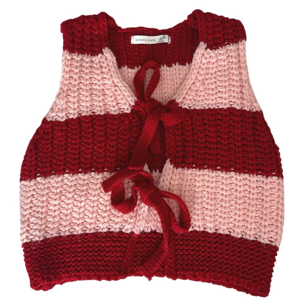 Altar’d State Red & Pink Chunky Knit Tie-Front Sweater Vest